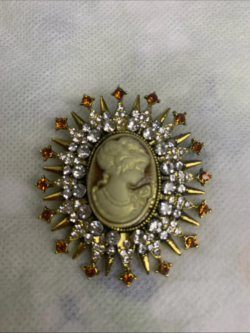 Gold Cameo Brooch with Amber and Clear Crystals - Women's Jewelry